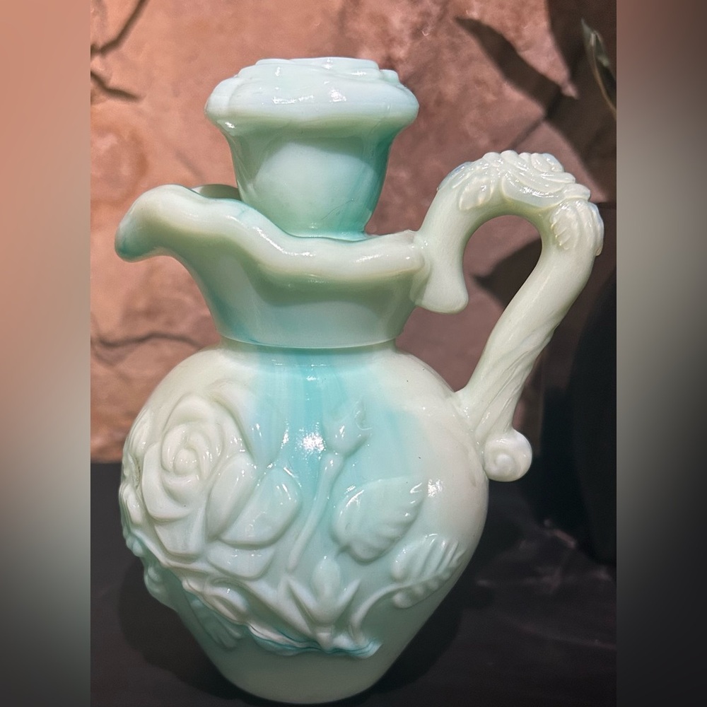 Vintage Avon Jadeite Moonwind Bubble Bath Bottle and Powder Sachet Container Set - Picture 4 of 6